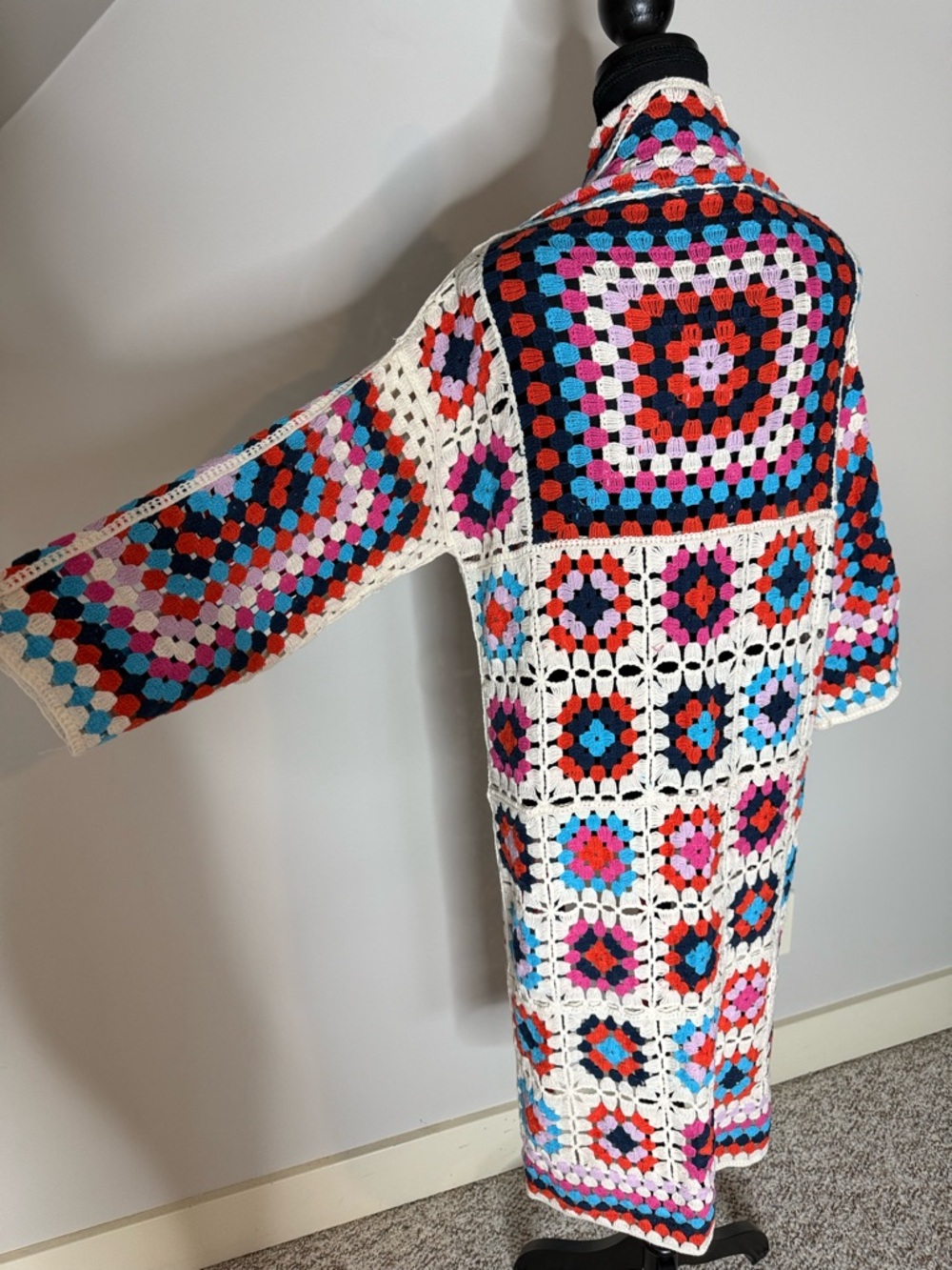 Crochet Granny Square Long Open Front Cardigan Duster Boho Cream Red Blue Medium - Picture 9 of 9